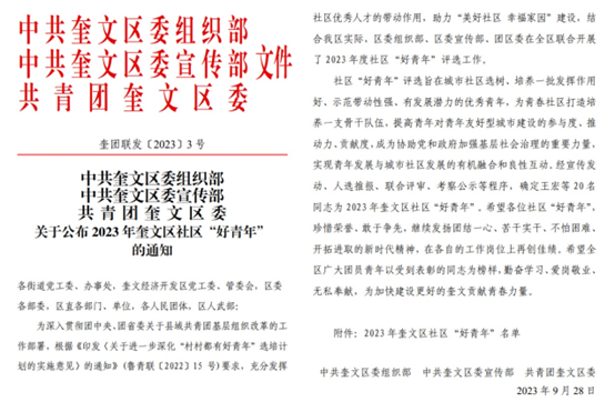 祝賀我司李曉旭被評(píng)選為2023 年奎文區(qū)社區(qū)“好青年”
